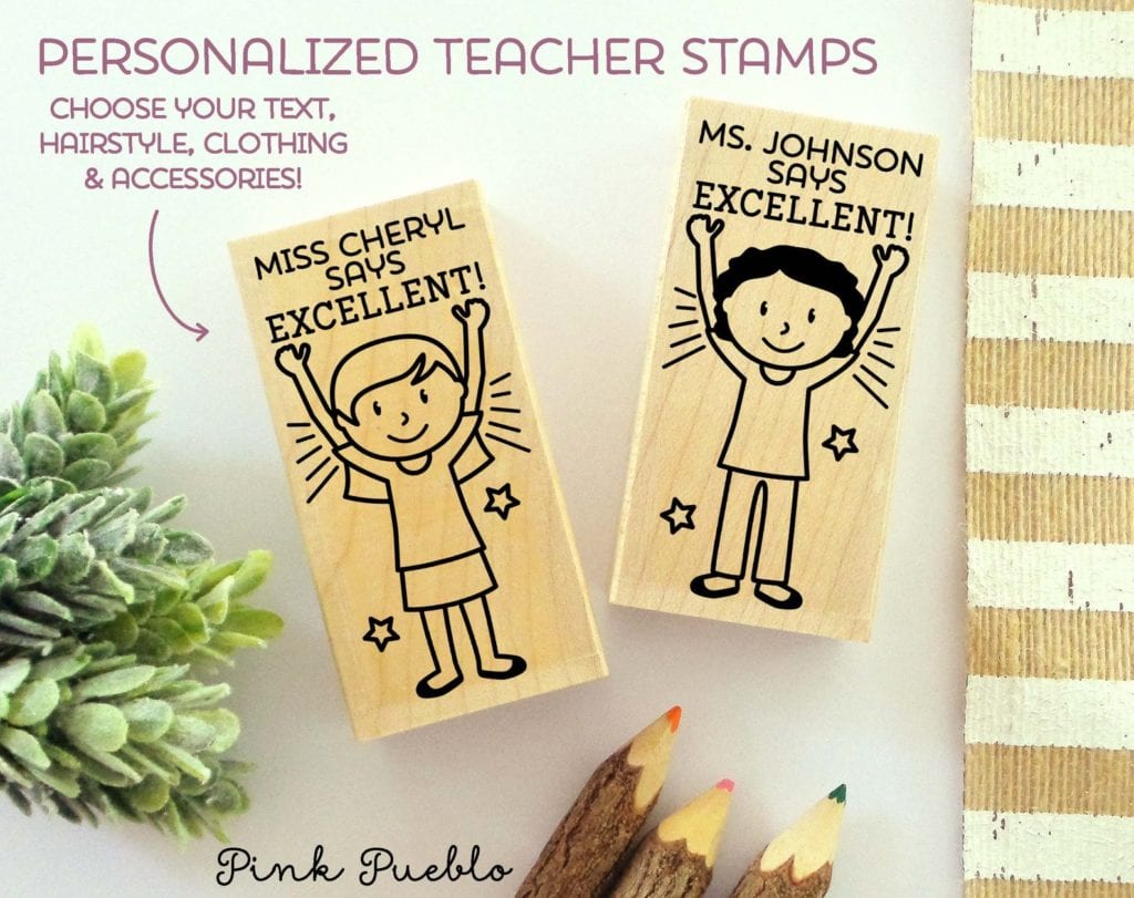 Two happy children playing joyfully in a colorful playground on a personalized teacher stamps