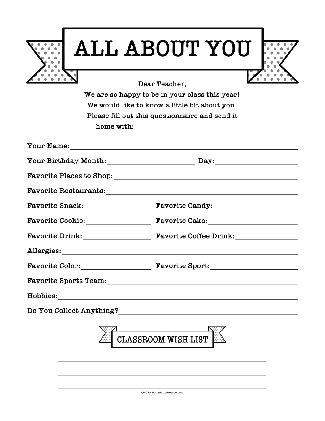 All About You: Male Teacher Gift Questionnaire | Room Mom Rescue