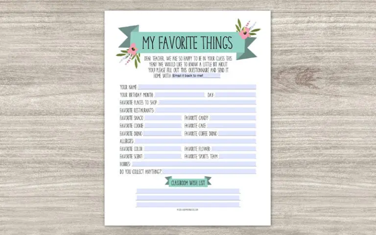 a "Teacher Favorites Questionnaire"