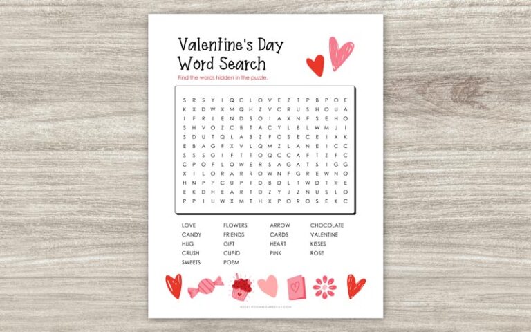 printable puzzle presents a grid filled with letters, concealing a collection of Valentine-themed words to be discovered
