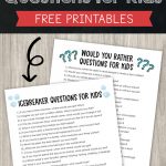 Text overlay:"100 super fun icebreaker questions for kids, free printables" with black background and mock ups of printable PDFs with light wood in the background