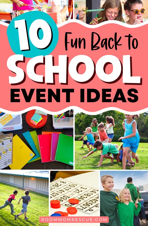 collage of back to school party ideas with text overlay that says,"10 fun back to school event ideas"