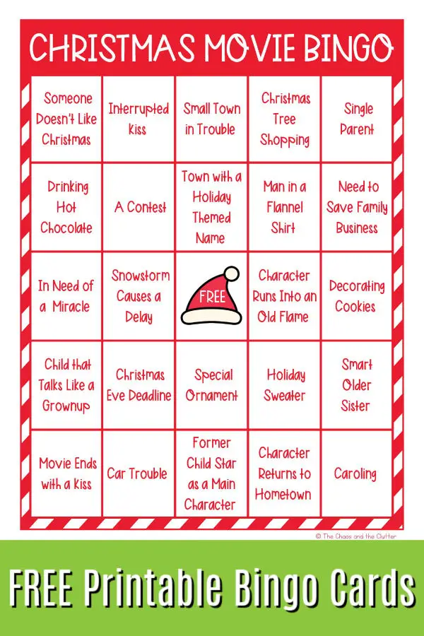 A Christmas Movie Bingo game board with various holiday-themed movie items and symbols