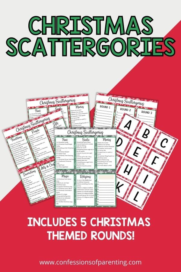 Christmas-themed Scattergories game sheets, pencils, and a timer
