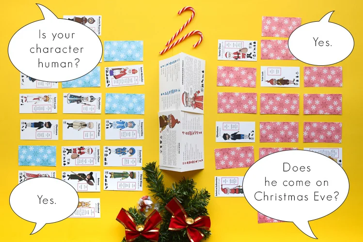 A printable Christmas Guess Who board game featuring holiday-themed characters