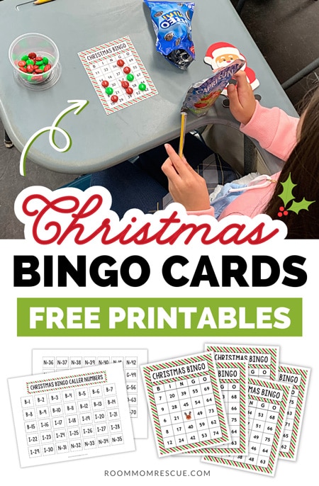 Set of Christmas party game ideas featuring free bingo cards printables