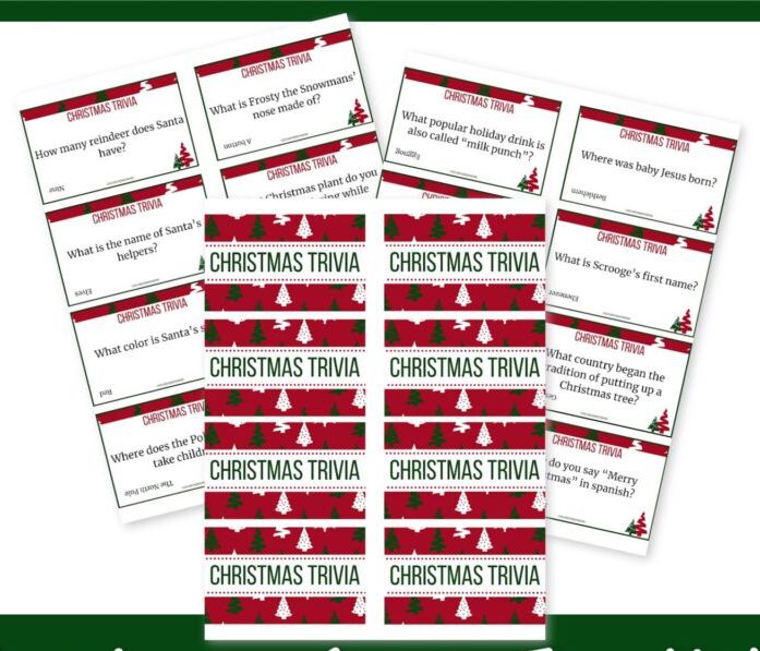 A festive Christmas trivia game for kids with colorful question cards and a buzzer