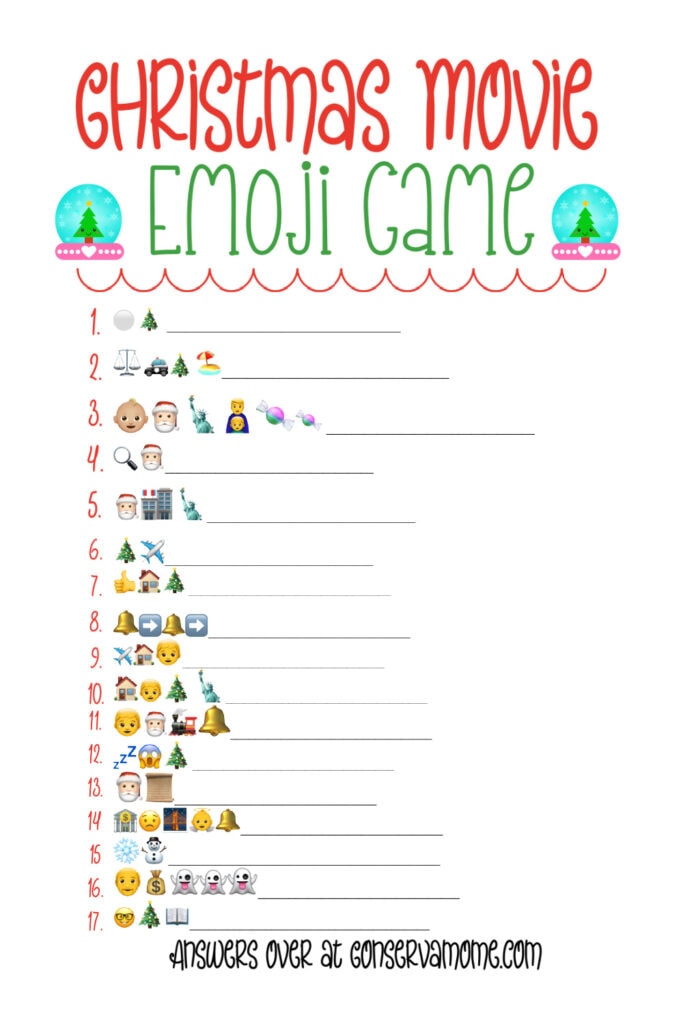 A printable Christmas Movie Emoji Game sheet featuring various emojis representing popular holiday films