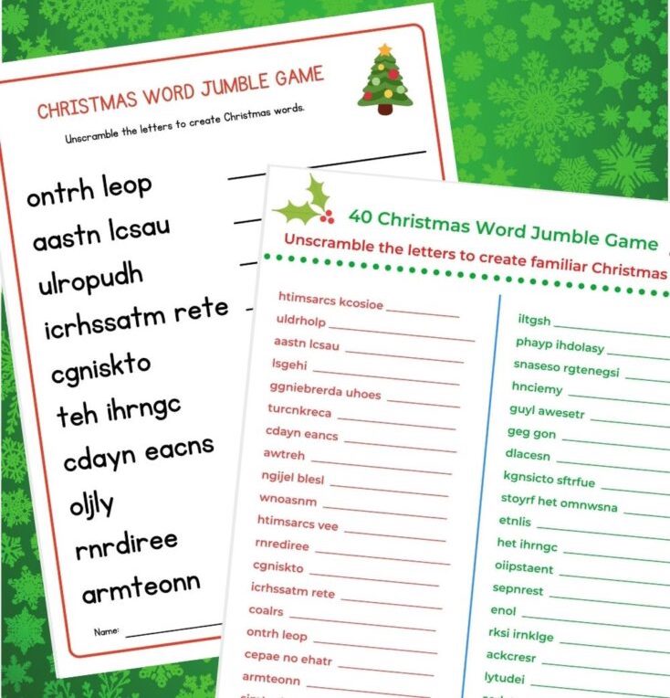 Printable Christmas word jumble game designed for kids