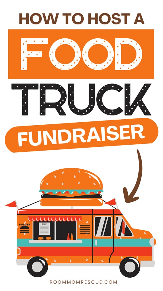 text overlay that says "how to host a food truck fundraiser" with an arrow pointing to an illustration of a hamburger food truck 