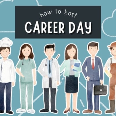 Text overlay they says "How to Host Career Day" with illustrations of people representing different careers including a chef, a nurse, doctor, businessman, teacher, and farmer