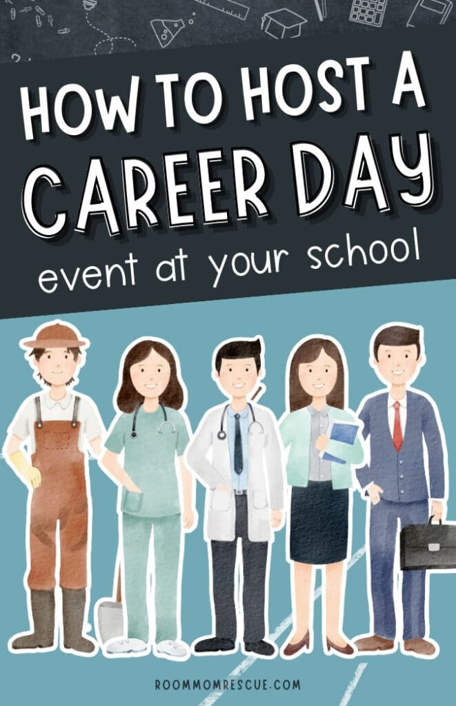 Text overlay they says "How to Host Career Day Event at Your School" with illustrations of people wearing different career outfits including a chef, a nurse, doctor, businessman, teacher, and farmer