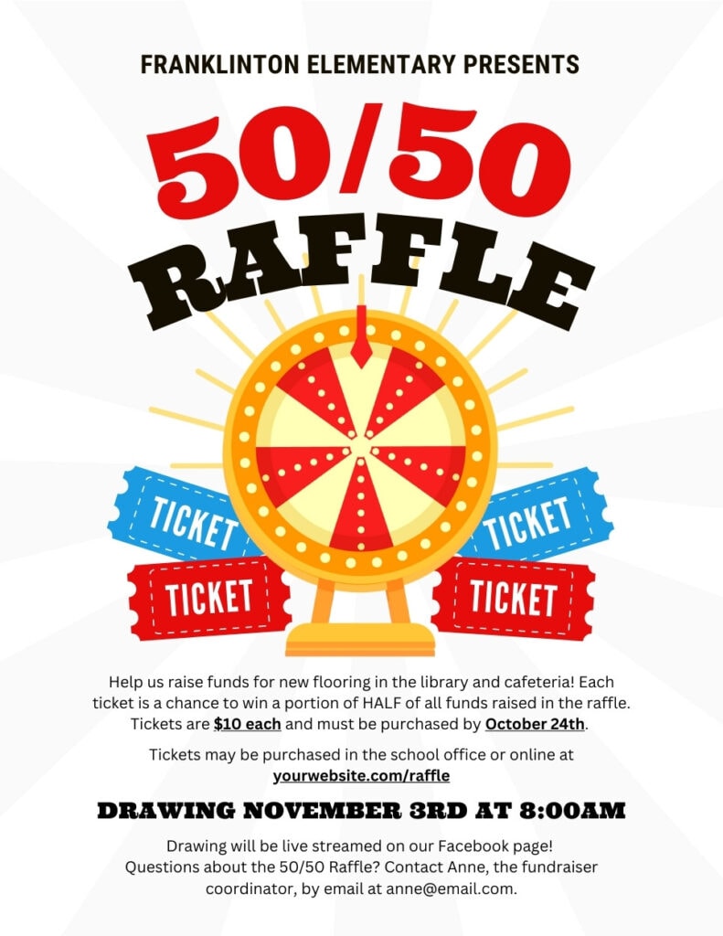 Eye-catching 50-50 Raffle Flyer from RoomMomRescue.com, showcasing vibrant design, event details, and enticing visuals to promote and attract participants to the fundraising event
