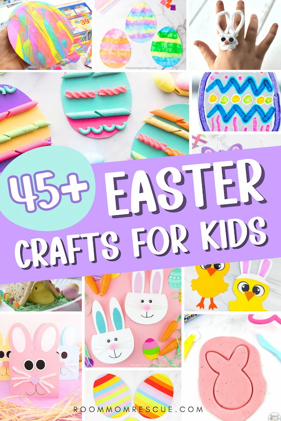 Colorful collection of Easter crafts for kids to make with text overlay that says 45+ Easter Crafts for Kids