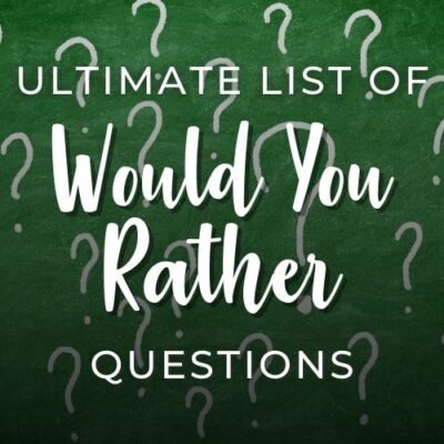 Green chalkboard background with white question marks scattered across it and bold white text in the center reading “Ultimate List of Would You Rather Questions.”