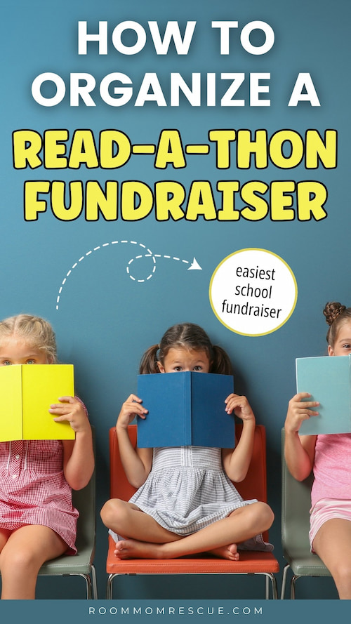 This image features a cheerful design for "How to Organize a Read-a-Thon Fundraiser." Three young children sit in chairs against a blue background, each holding a colorful book that partially hides their faces. A circular callout highlights the text "easiest school fundraiser," with a dashed arrow pointing to it. At the bottom, the website "roommomrescue.com" is provided for more information.