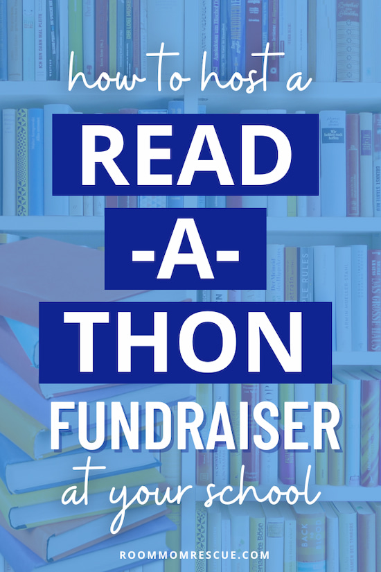 This image is a promotional design with the text "How to host a Read-A-Thon Fundraiser at your school" displayed prominently in bold and bright white letters on a blue background. The backdrop features a blurred bookshelf filled with colorful books, emphasizing the reading theme. At the bottom, the website "roommomrescue.com" is listed as a resource for guidance.