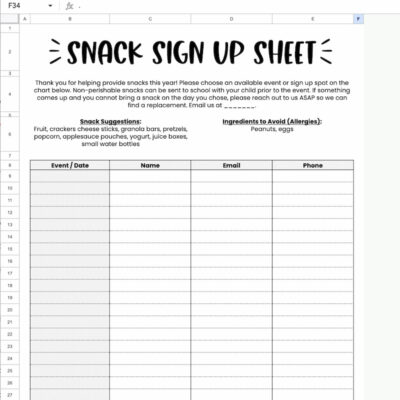 Snack sign up sheet in Google Sheets with the heading "SNACK SIGN UP SHEET" and instructions asking volunteers to choose an available event and bring non perishable snacks before the event. The sheet lists suggested snacks including fruit, crackers, cheese sticks, granola bars, pretzels, popcorn, applesauce pouches, yogurt, juice boxes, and small water bottles, notes allergies to avoid as "Peanuts, eggs," and includes a blank table with columns for "Event Date," "Name," "Email," and "Phone" for families to sign up.