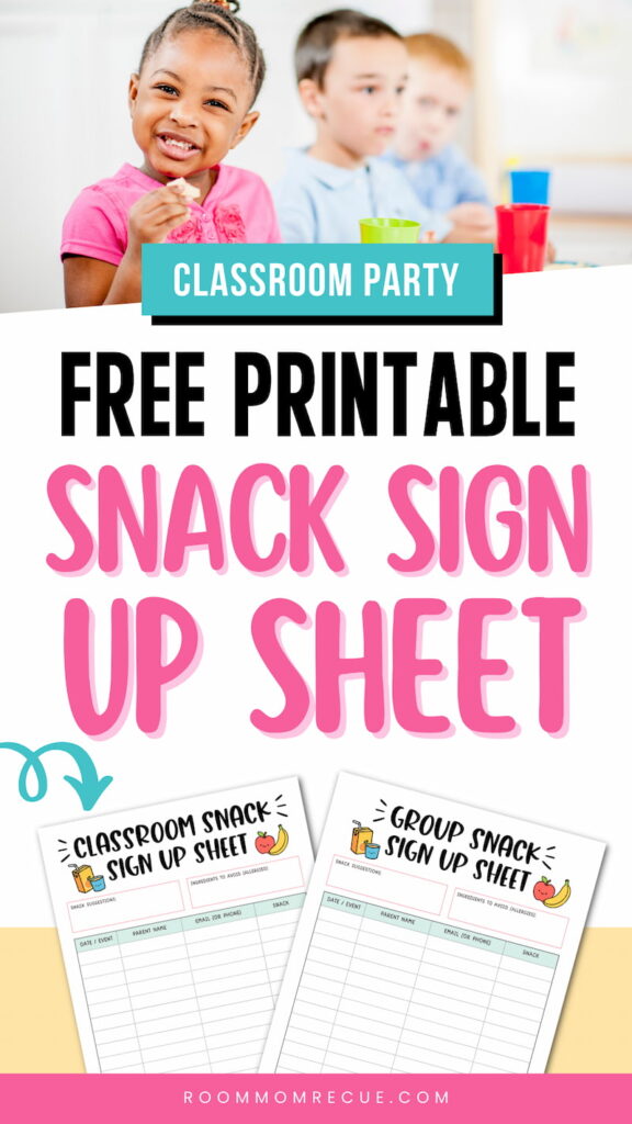 Promotional graphic for a free printable snack sign up sheet featuring a smiling child eating a snack at a classroom party and previews of classroom and group snack sign up sheet templates. The text reads"CLASSROOM PARTY,""FREE PRINTABLE SNACK SIGN UP SHEET," and"ROOMMOMRESCUE.COM," with the printable templates shown below.