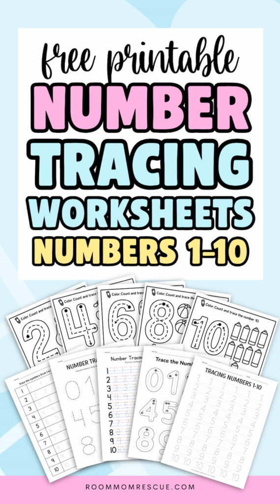 Promotional graphic with the text"free printable NUMBER TRACING WORKSHEETS NUMBERS 1-10" above previews of several tracing worksheets for young children. The printable set includes number tracing practice from 1 through 10 with dotted numbers counting pictures and handwriting guides.