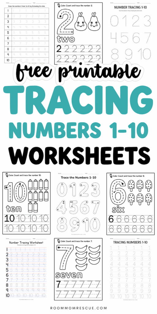 Collage of printable number tracing worksheets with the text"free printable TRACING NUMBERS 1-10 WORKSHEETS." The previews show tracing numbers 1 through 10 with dotted numerals handwriting lines and counting activities using pictures such as pears pencils popsicles and bananas.