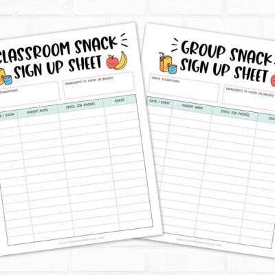 Mock ups of 2 printable snack sign up sheets: one for classroom snack and one for group snack.