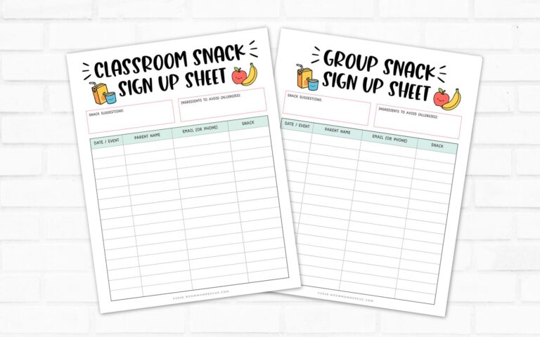 Mock ups of 2 printable snack sign up sheets: one for classroom snack and one for group snack.