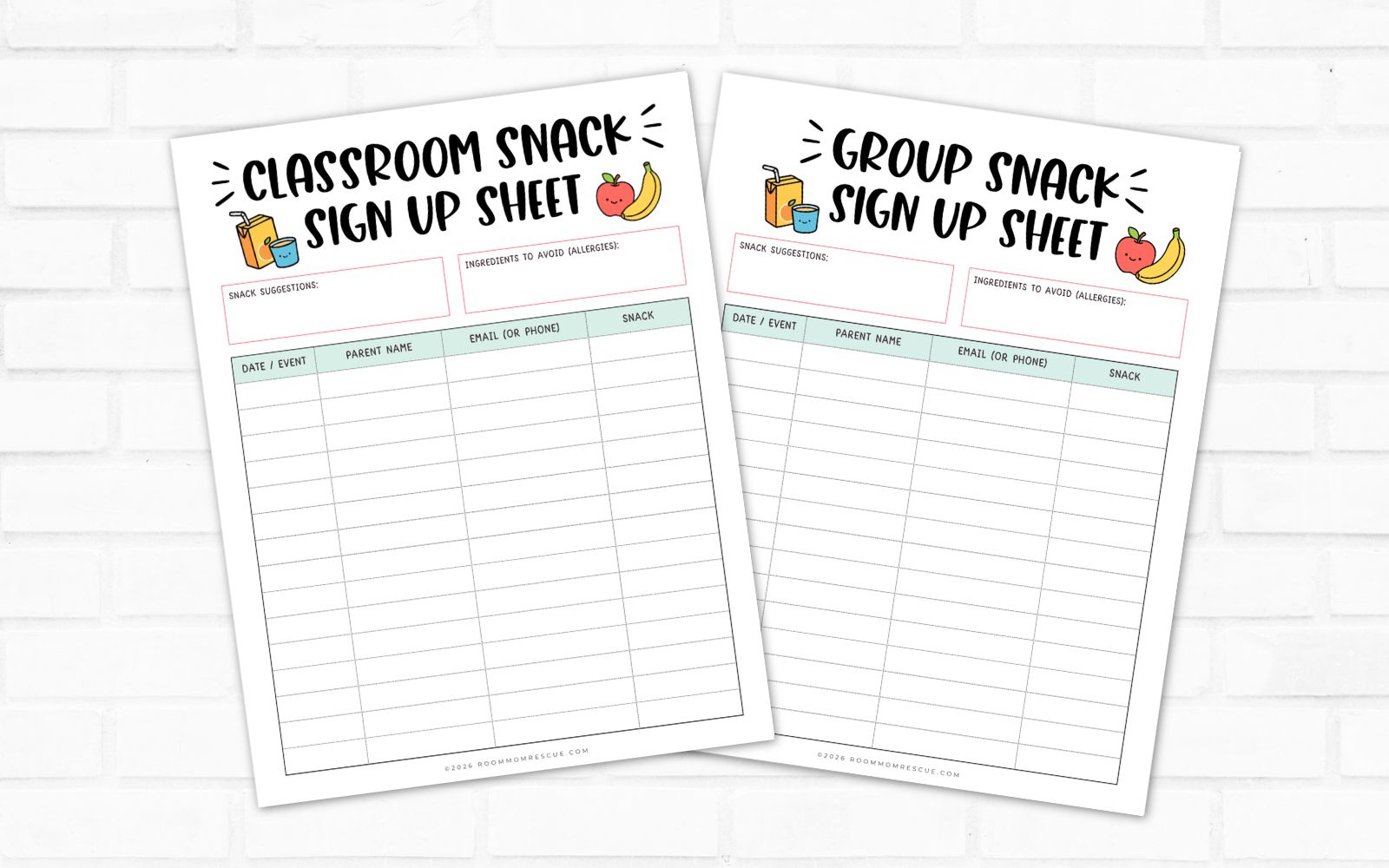 Mock ups of 2 printable snack sign up sheets: one for classroom snack and one for group snack.