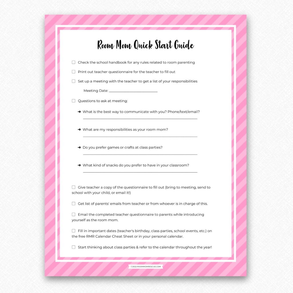 Pink striped printable titled "Room Mom Quick Start Guide."