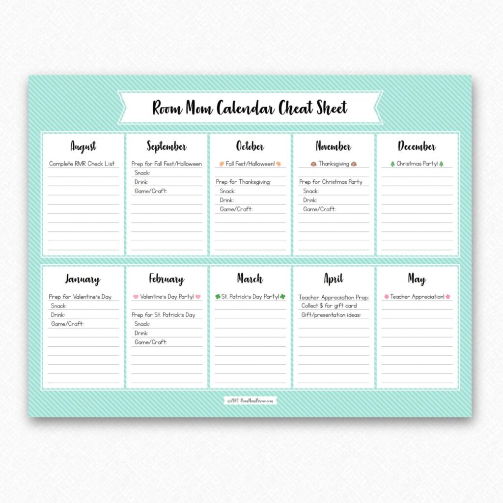 Mint green "Room Mom Calendar Cheat Sheet" organized by month from August through May. It includes reminders and planning spaces for classroom parties and events including Halloween. Thanksgiving. Christmas. Valentines Day. St Patricks Day. And Teacher Appreciation.