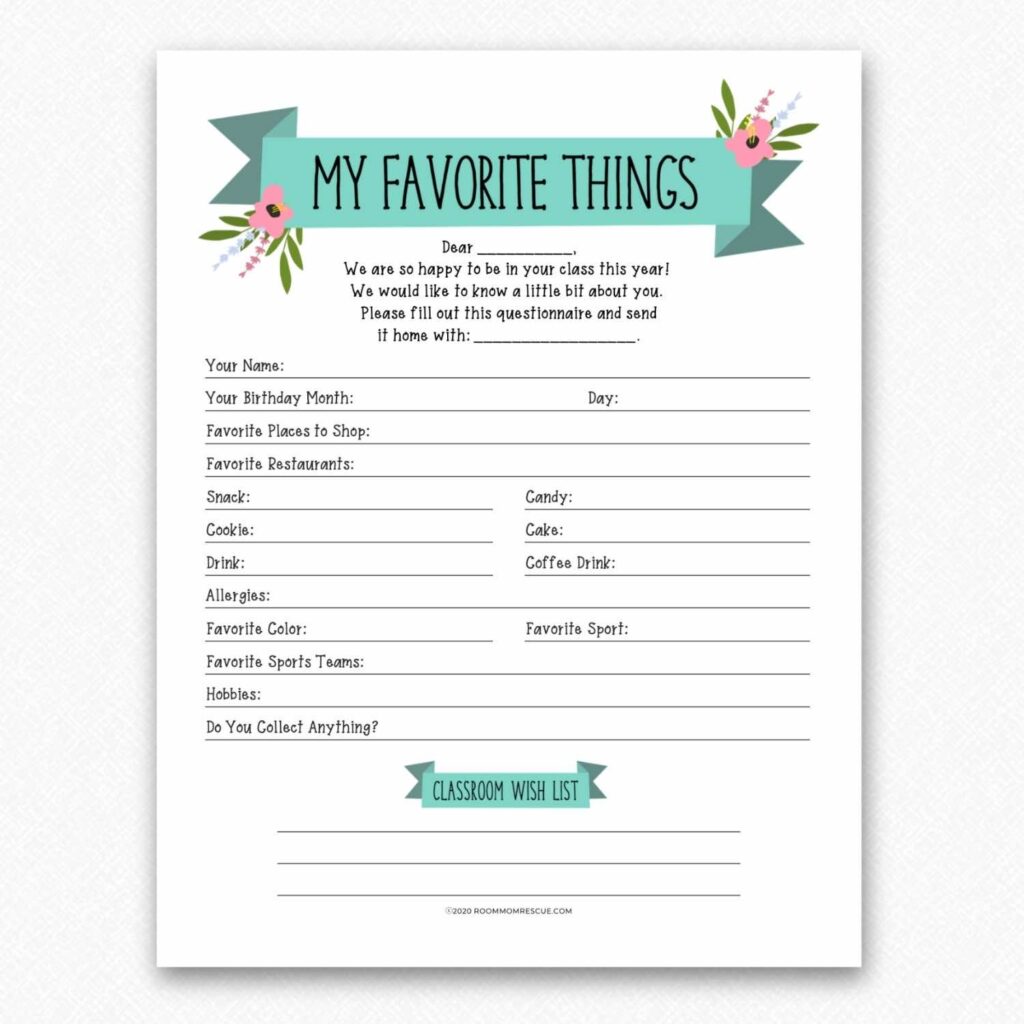Mockup of "My Favorite Things" teacher questionnaire printable.